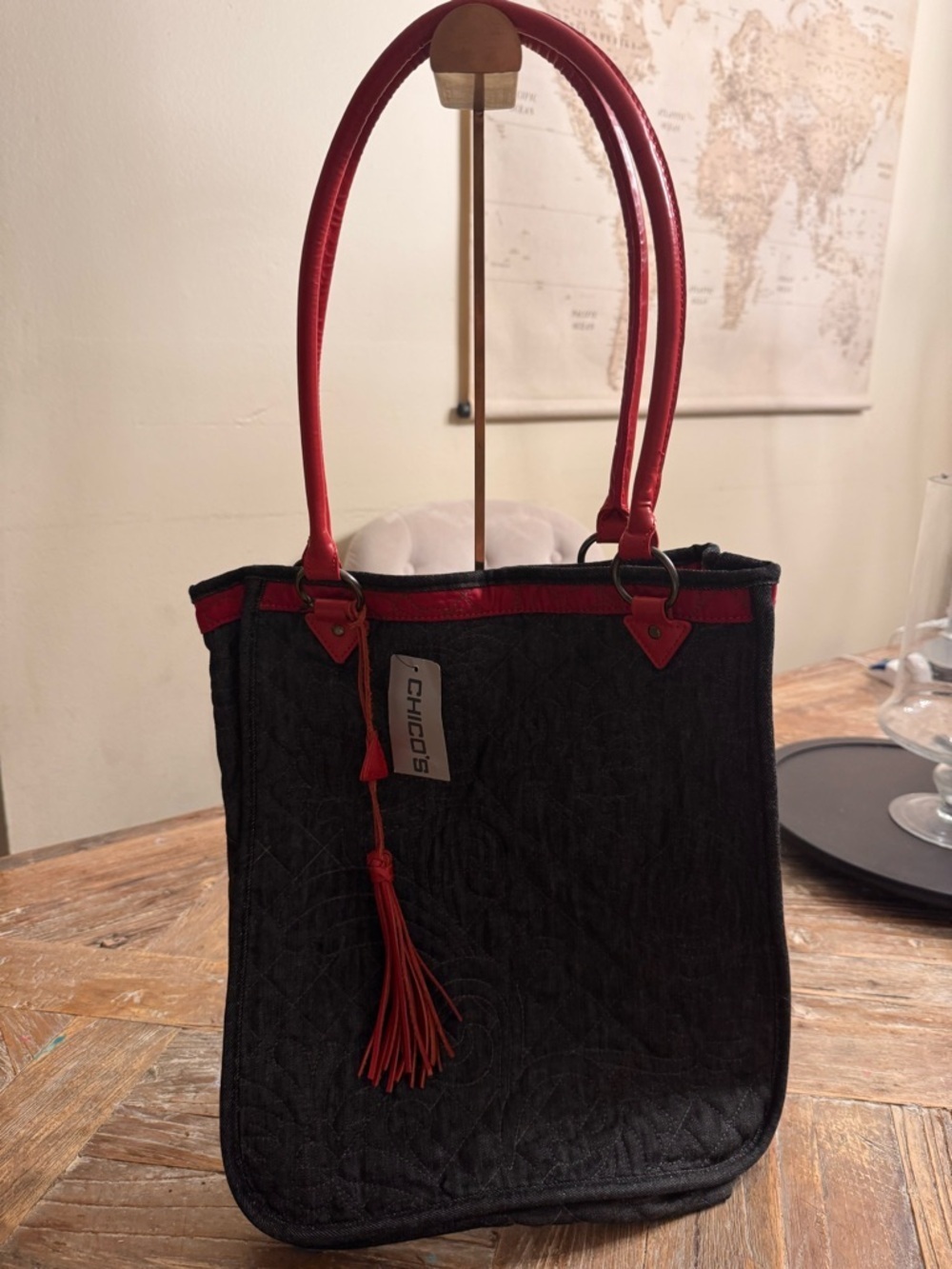 Chico's Denim Tote with Red Handles with Tassel